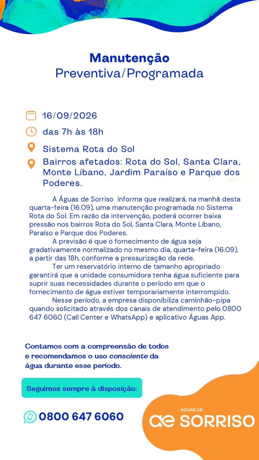 Águas de Sorriso faz manutenção nesta quarta em Sorriso