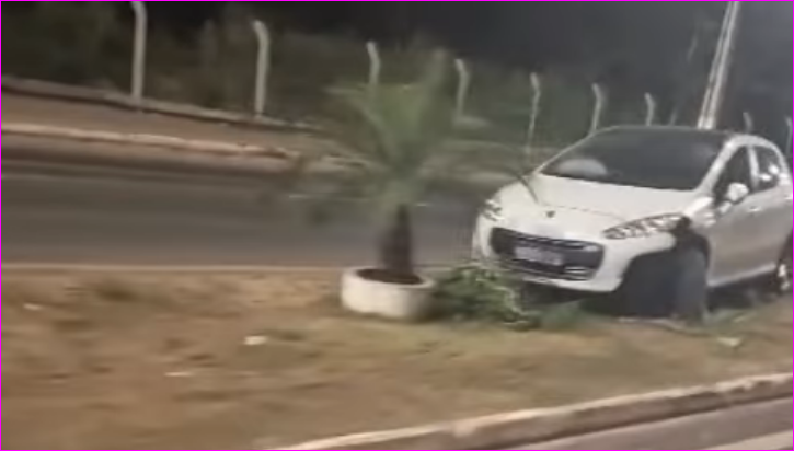 Carro bate em árvore e fica sobre canteiro em Primavera
