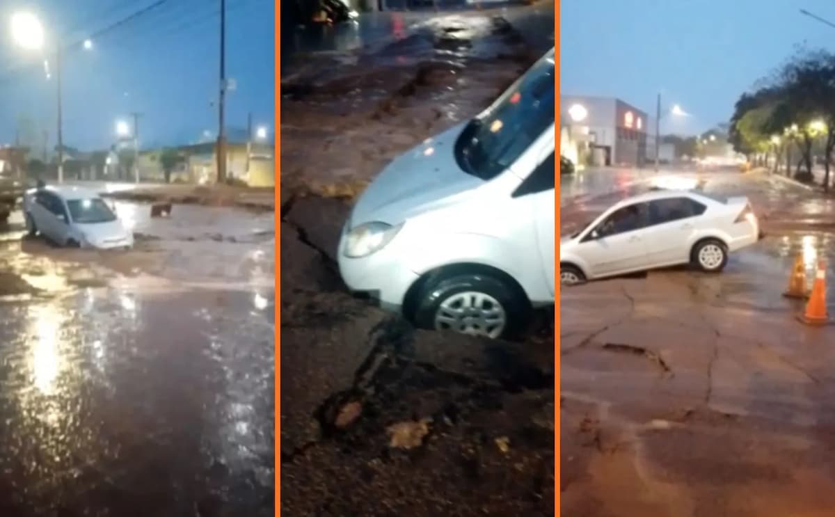 Carro cai em cratera durante forte temporal na Avenida Coroados em Jaciara
