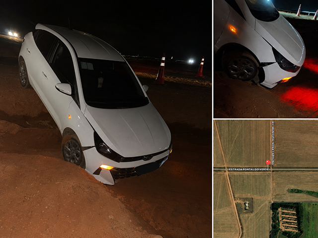 Carro cai em valeta na Estrada Pontal do Verde em Sorriso