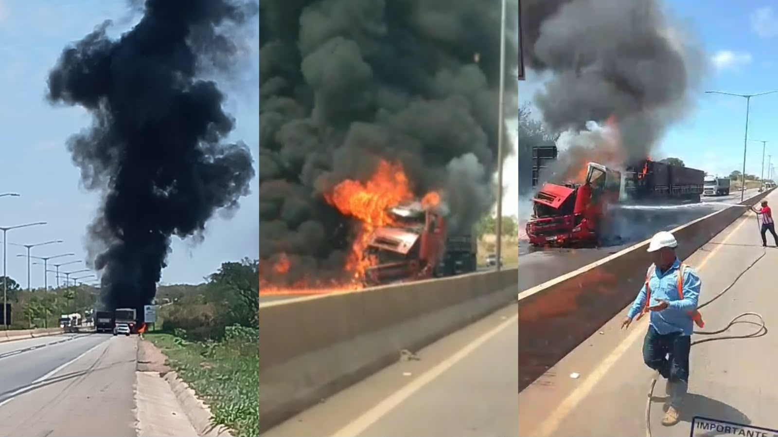 Colisão entre carretas espalha adubo e gera fogo na BR-070 em MT