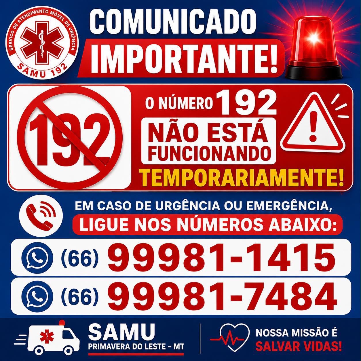 Falha no 192 do SAMU afeta Primavera do Leste e região