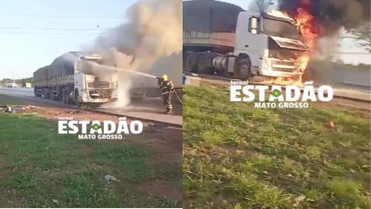 Incêndio destrói carreta com carga de algodão em Cuiabá MT
