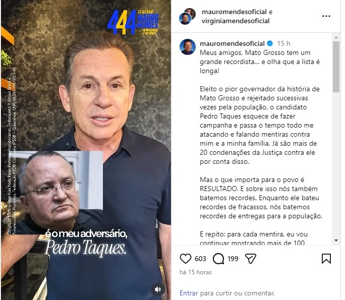 Mauro Mendes critica gestão de Pedro Taques em MT