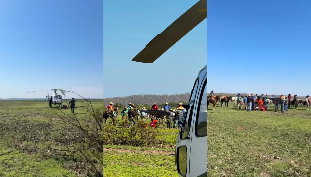 Peão ferido em queda de cavalo é resgatado de helicóptero no Pantanal
