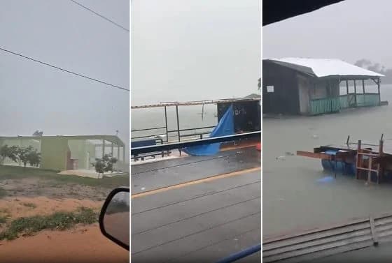 Temporal arrasta casas flutuantes e barcos no rio Teles Pires em Paranaíta